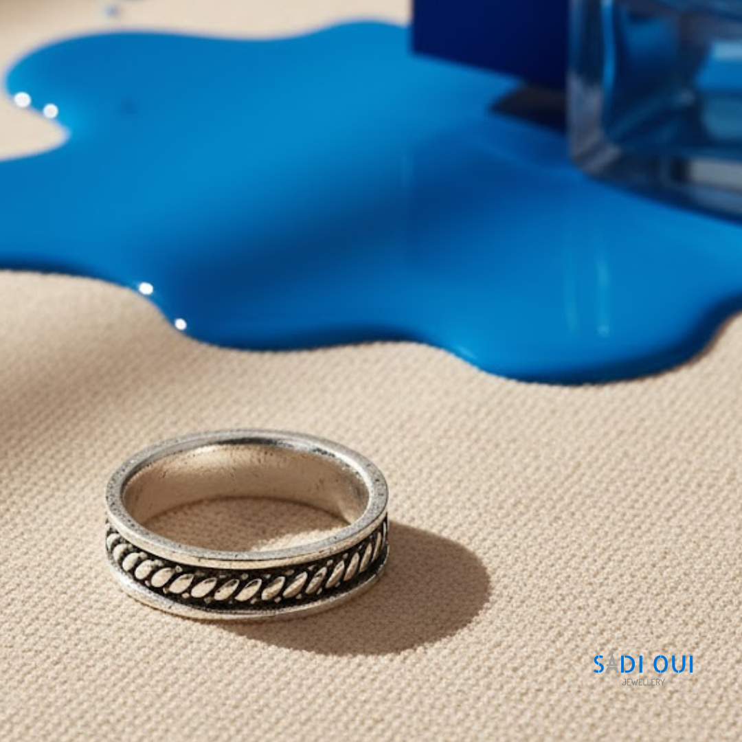 Anel Simples Base em aço inoxidável prateado em fundo bege com detalhe de líquido azul