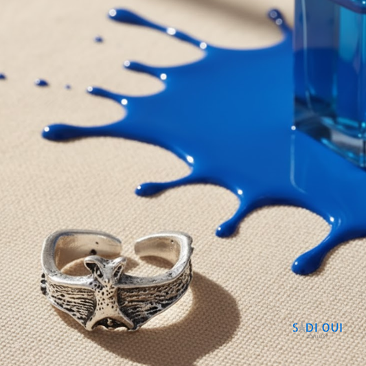 Anel Morcego Base em aço inoxidável prateado em fundo bege com líquido azul espalhado
